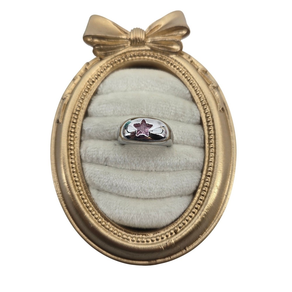 Dome Ring Womens Size 8 Star Inset Pink CZ Silver Tone - Picture 1 of 4